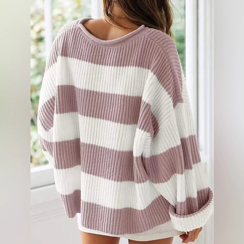 Zesica Pink & White Stripe Oversized Knit Sweater | S